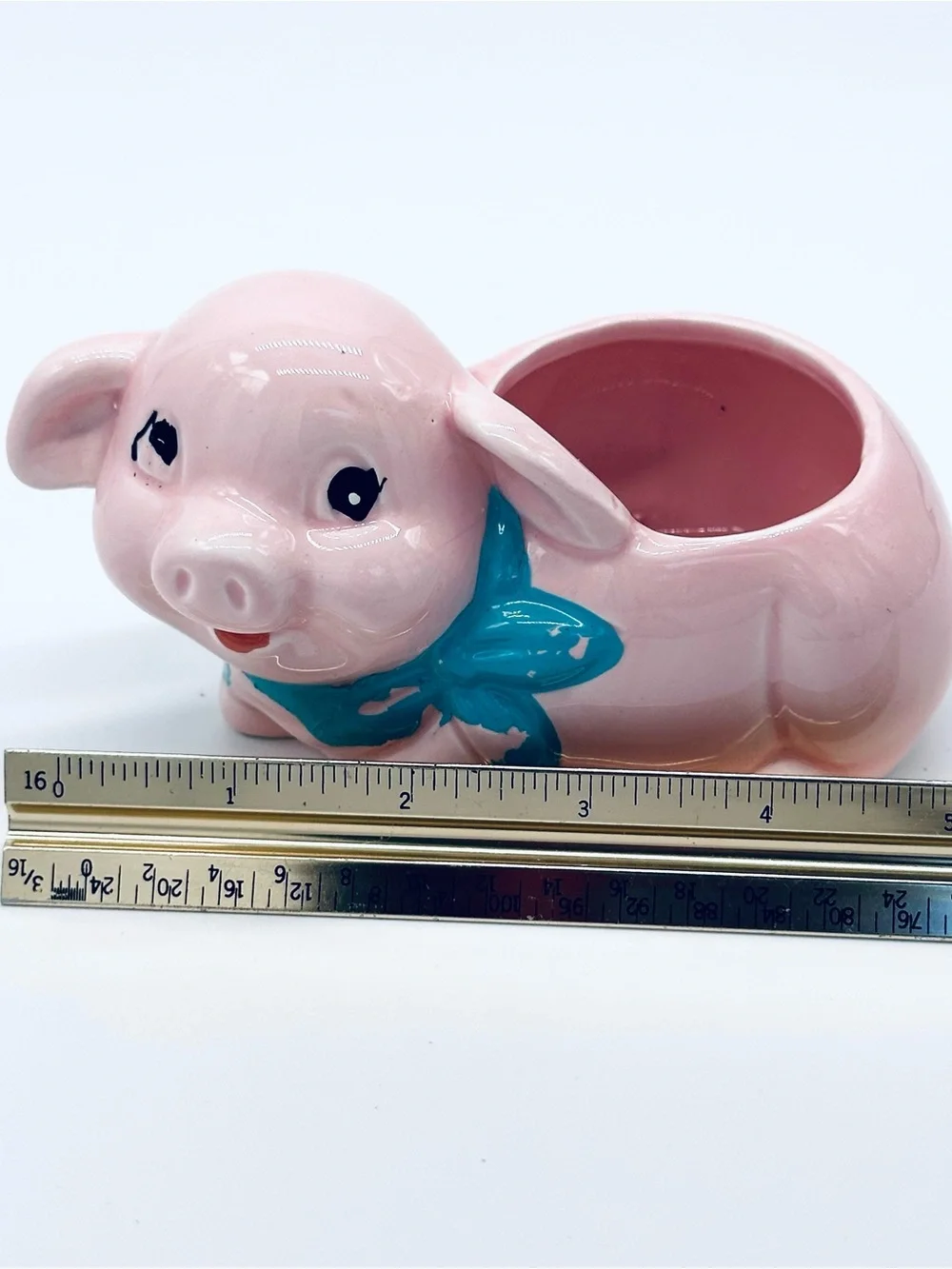 Pink Ceramic Pig Planter with Blue Scarf